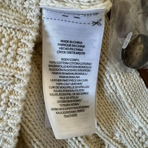 NWT Polo Ralph Lauren Cream 100% Cotton Cable Knit Leather Trim Button Sweater M - Picture 7 of 10